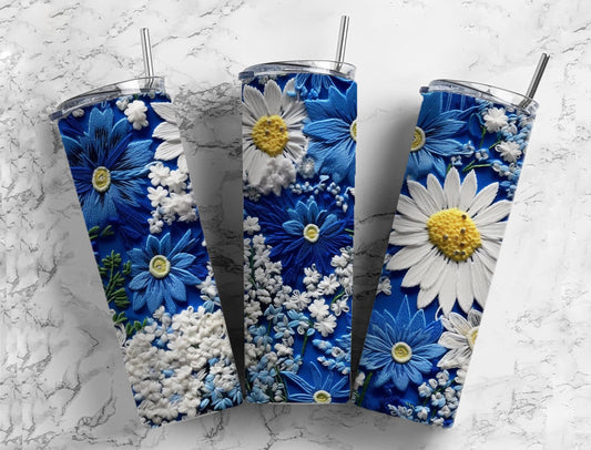 Embroidery daisy 20oz Sublimation Tumbler Designs, Blue floral 9.2 x 8.3” Straight Skinny Tumbler Wrap PNG