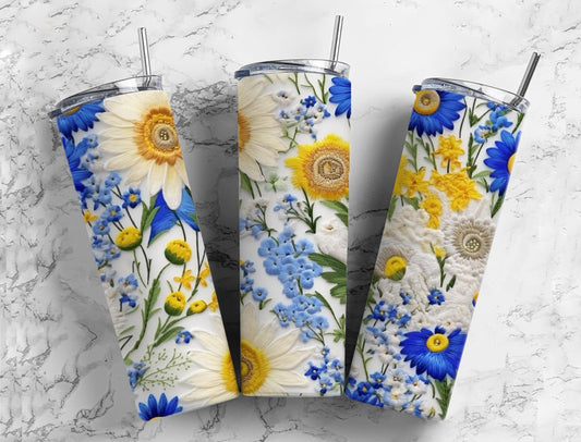 Embroidery floral 20oz Sublimation Tumbler Designs, Blue and white floral 9.2 x 8.3” Straight Skinny Tumbler Wrap PNG (1)