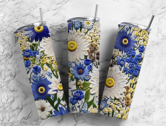 Embroidery daisy 20oz Sublimation Tumbler Designs, cottagecore floral 9.2 x 8.3” Straight Skinny Tumbler Wrap PNG