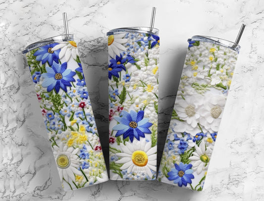 Embroidery floral 20oz Sublimation Tumbler Designs, daisy floral 9.2 x 8.3” Straight Skinny Tumbler Wrap PNG