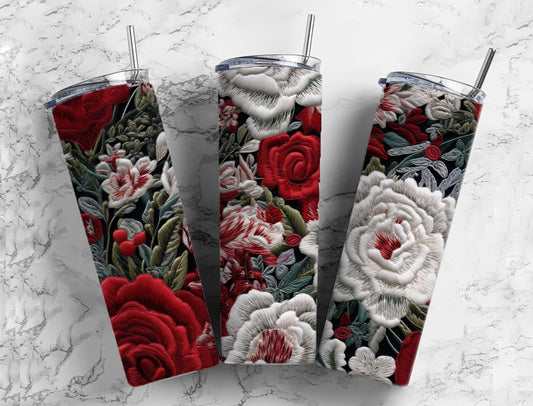 Embroidery floral 20oz Sublimation Tumbler Designs, Colorful roses 9.2 x 8.3” Straight Skinny Tumbler Wrap PNG