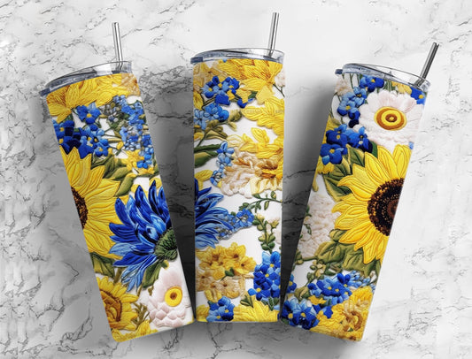 Sunflower floral 20oz Sublimation Tumbler Designs, embroidery pattern 9.2 x 8.3” Straight Skinny Tumbler Wrap PNG