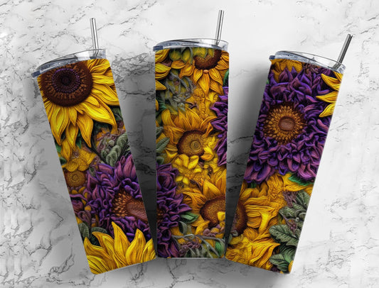 Sunflower floral 20oz Sublimation Tumbler Designs, yellow and purple 9.2 x 8.3” Straight Skinny Tumbler Wrap PNG