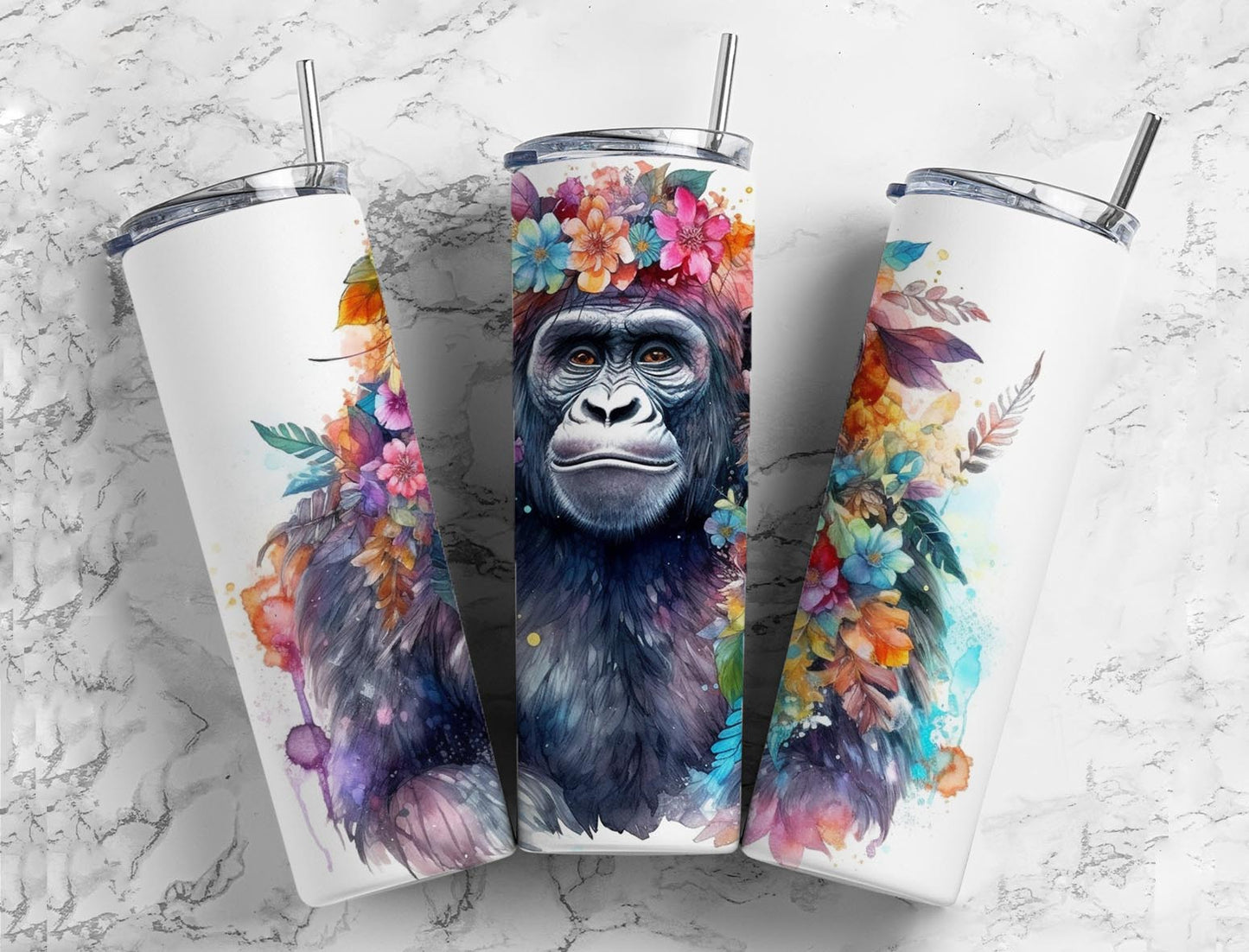 Watercolor gorilla 20oz Sublimation Tumbler Designs, flower crown 9.2 x 8.3” Straight Skinny Tumbler Wrap PNG