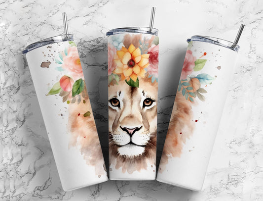 watercolor lion 20oz Sublimation Tumbler Designs, Flower crown 9.2 x 8.3” Straight Skinny Tumbler Wrap PNG