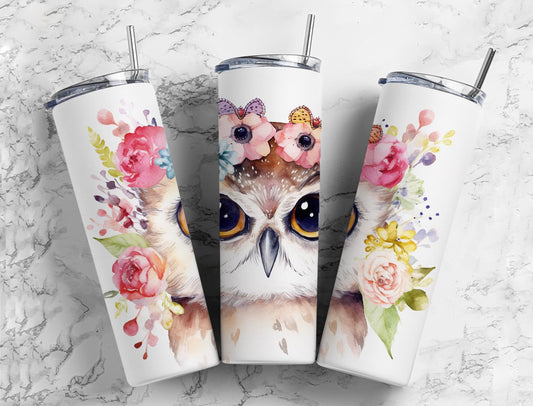 Watercolor owl 20oz Sublimation Tumbler Designs, flower crown 9.2 x 8.3” Straight Skinny Tumbler Wrap PNG