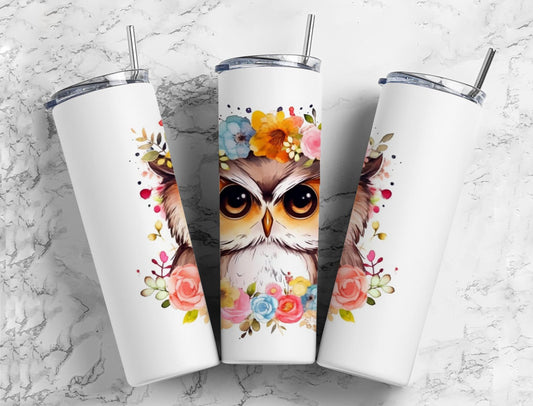 brown owl 20oz Sublimation Tumbler Designs, Flower crown 9.2 x 8.3” Straight Skinny Tumbler Wrap PNG