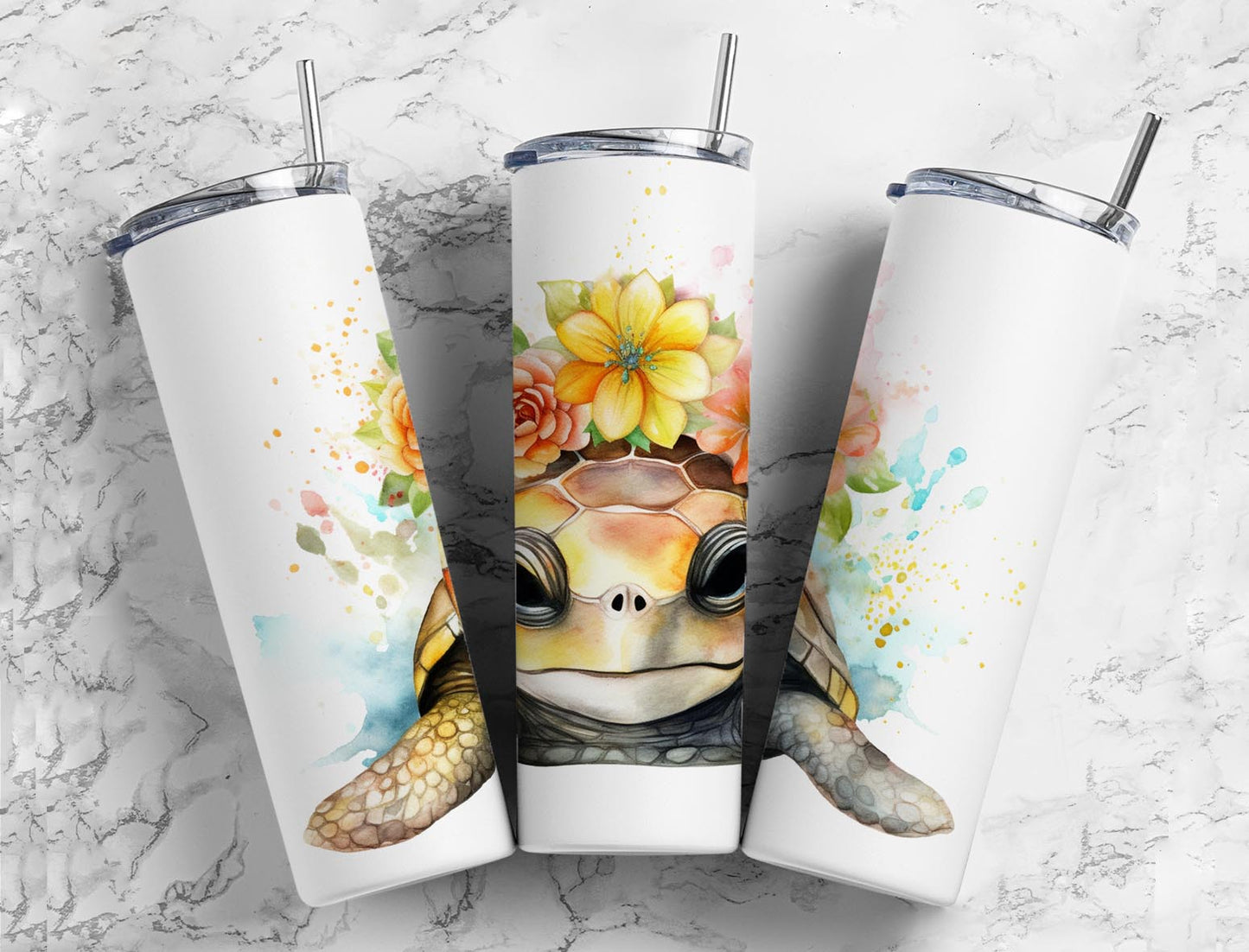 Baby turtle 20oz Sublimation Tumbler Designs, Flower crown 9.2 x 8.3” Straight Skinny Tumbler Wrap PNG