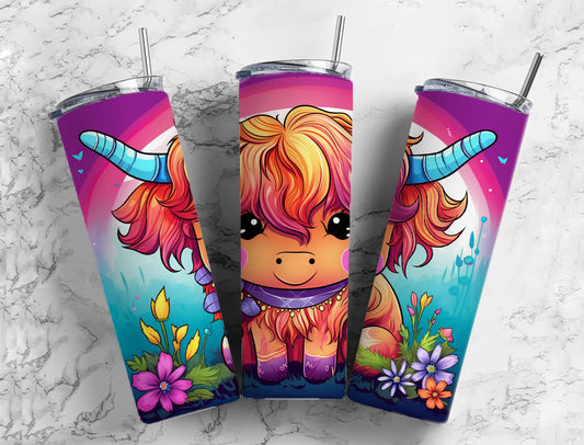 Cartoon highland cow calf 20oz Sublimation Tumbler Designs, colorful floral 9.2 x 8.3” Straight Skinny Tumbler Wrap PNG