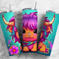 Cartoon highland cow 20oz Sublimation Tumbler Designs, cute neon 9.2 x 8.3” Straight Skinny Tumbler Wrap PNG