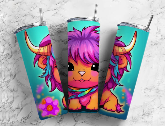 Cartoon highland cow 20oz Sublimation Tumbler Designs, cute neon 9.2 x 8.3” Straight Skinny Tumbler Wrap PNG