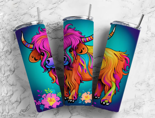 Colorful highland cow 20oz Sublimation Tumbler Designs, Rainbow western 9.2 x 8.3” Straight Skinny Tumbler Wrap PNG