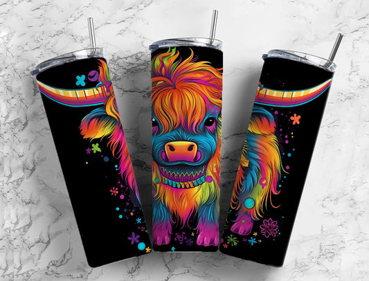 rainbow highland cow 20oz Sublimation Tumbler Designs, neon colorful 9.2 x 8.3” Straight Skinny Tumbler Wrap PNG