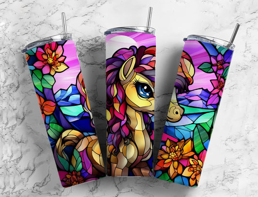 Stained glass 20oz Sublimation Tumbler Designs, Cartoon horse 9.2 x 8.3” Straight Skinny Tumbler Wrap PNG