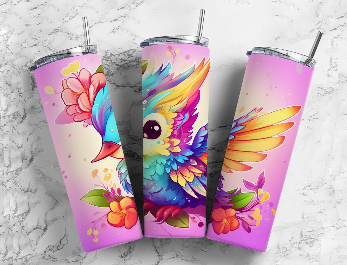 Bird colorful 20oz Sublimation Tumbler Designs, pastel floral 9.2 x 8.3” Straight Skinny Tumbler Wrap PNG