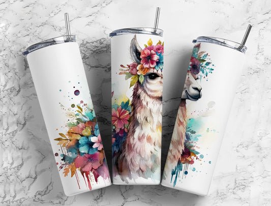 Watercolor llama 20oz Sublimation Tumbler Designs, flower crown floral 9.2 x 8.3” Straight Skinny Tumbler Wrap PNG