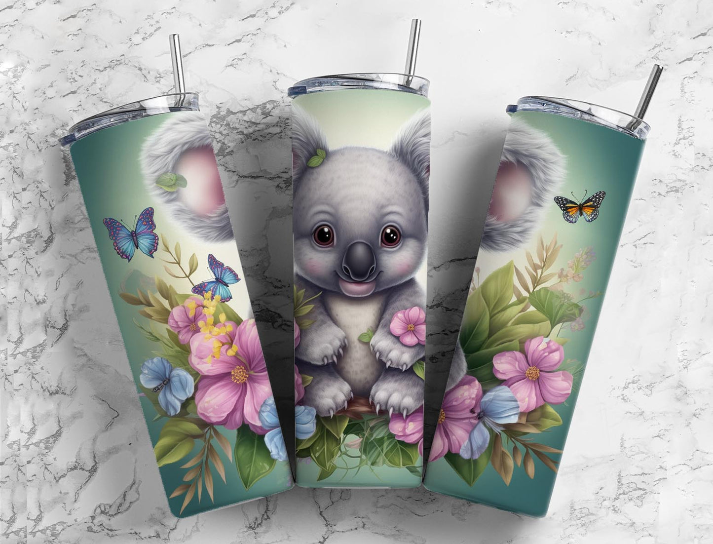 Baby koala 20oz Sublimation Tumbler Designs, Butterfly floral 9.2 x 8.3” Straight Skinny Tumbler Wrap PNG