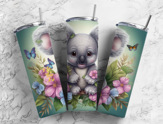 Baby koala 20oz Sublimation Tumbler Designs, Butterfly floral 9.2 x 8.3” Straight Skinny Tumbler Wrap PNG