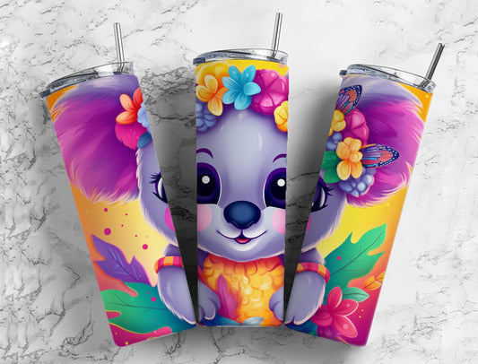 Cartoon koala 20oz Sublimation Tumbler Designs, flower crown 9.2 x 8.3” Straight Skinny Tumbler Wrap PNG