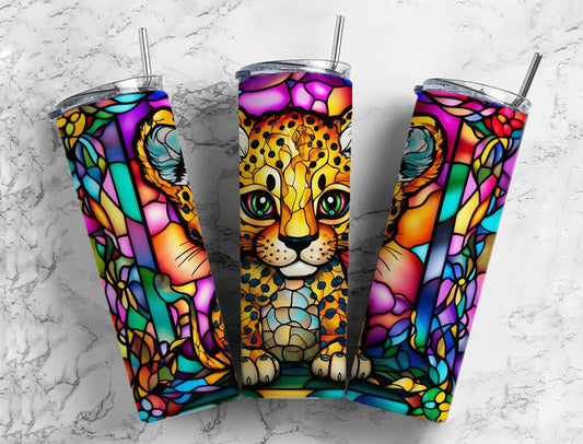 Stained glass 20oz Sublimation Tumbler Designs, Baby leopard 9.2 x 8.3” Straight Skinny Tumbler Wrap PNG