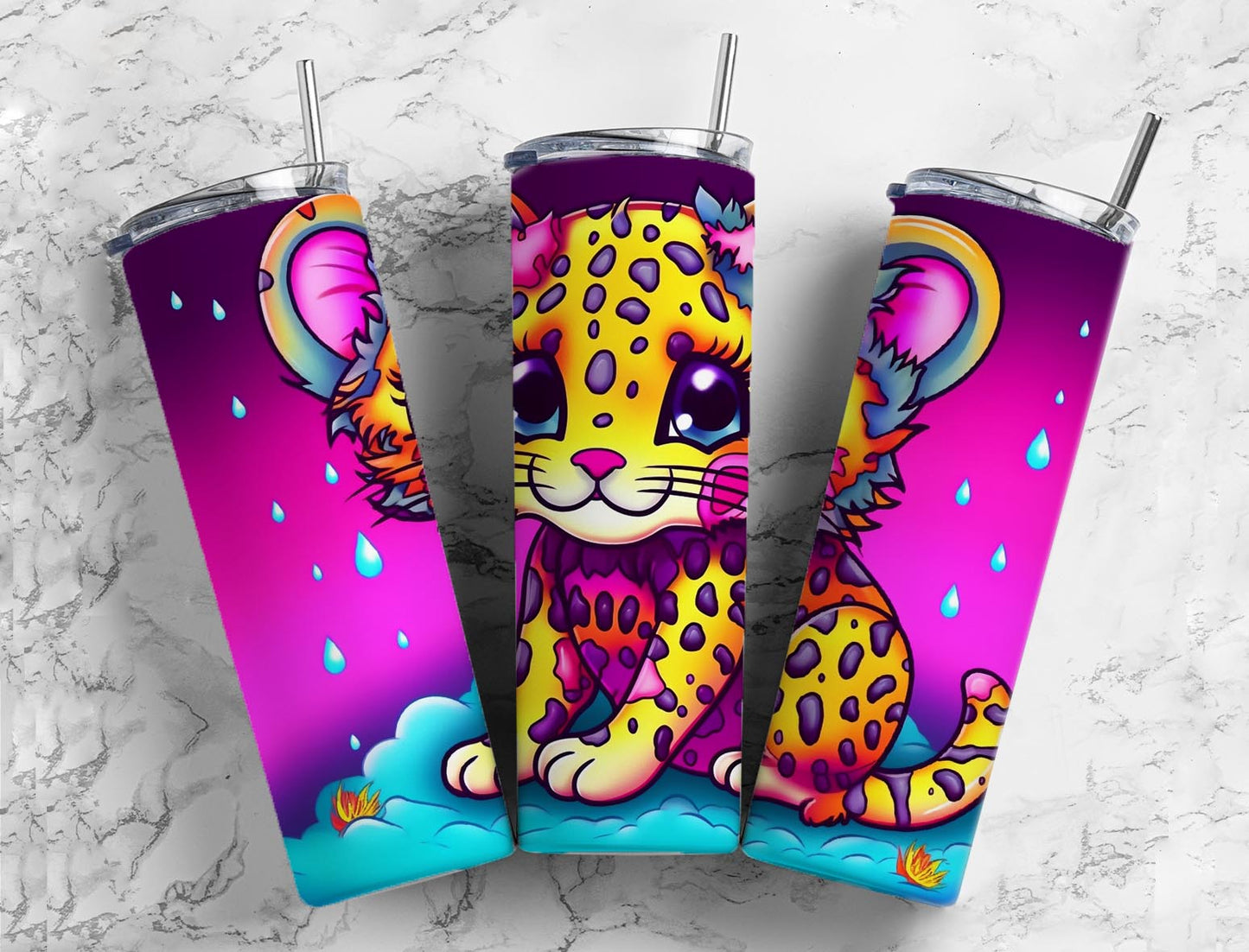 Cartoon leopard 20oz Sublimation Tumbler Designs, Cute colorful 9.2 x 8.3” Straight Skinny Tumbler Wrap PNG