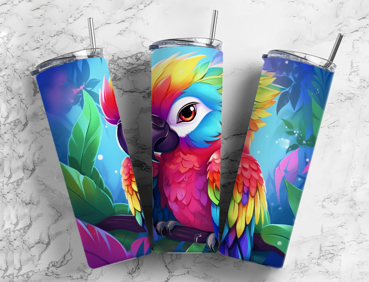 Rainbow parrot 20oz Sublimation Tumbler Designs, cartoon colorful 9.2 x 8.3” Straight Skinny Tumbler Wrap PNG