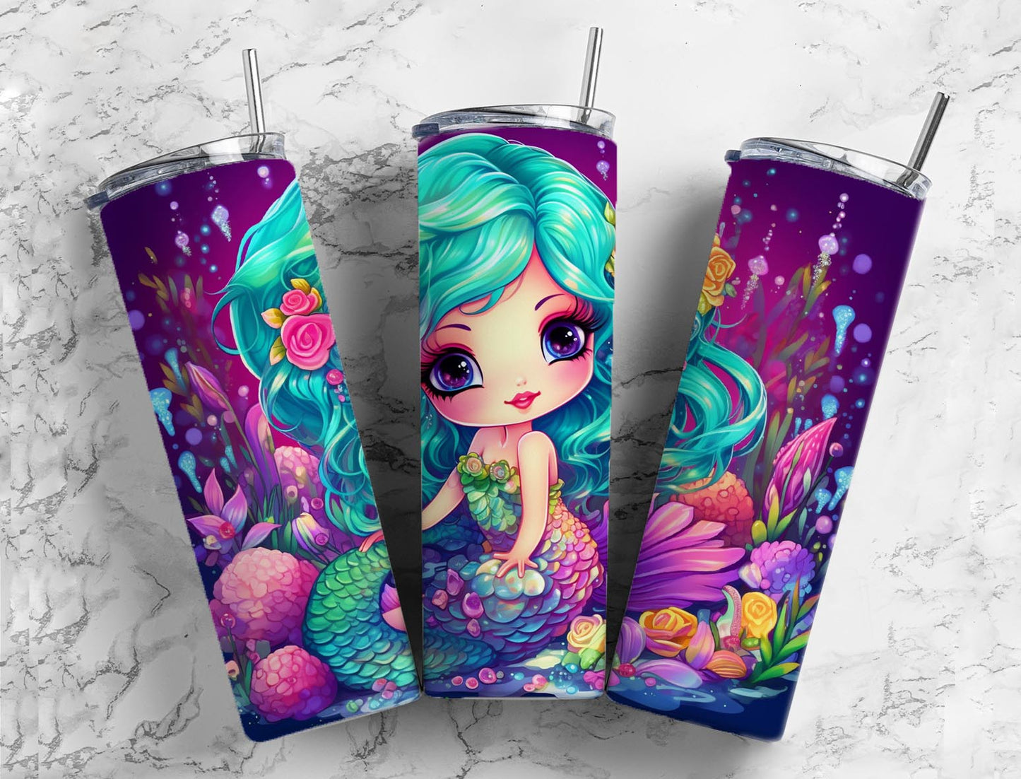 Cartoon mermaid 20oz Sublimation Tumbler Designs, Purple ocean 9.2 x 8.3” Straight Skinny Tumbler Wrap PNG