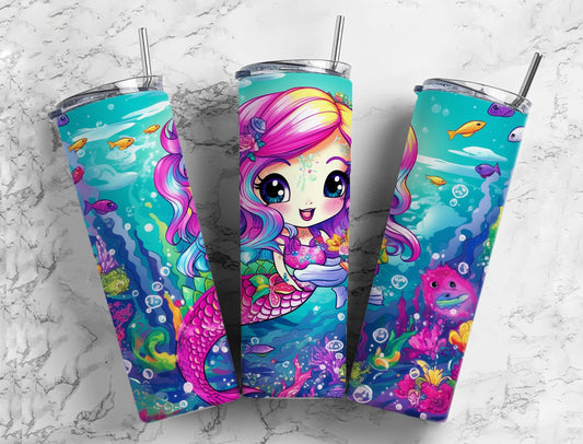 Cartoon mermaid 20oz Sublimation Tumbler Designs, Colorful ocean 9.2 x 8.3” Straight Skinny Tumbler Wrap PNG