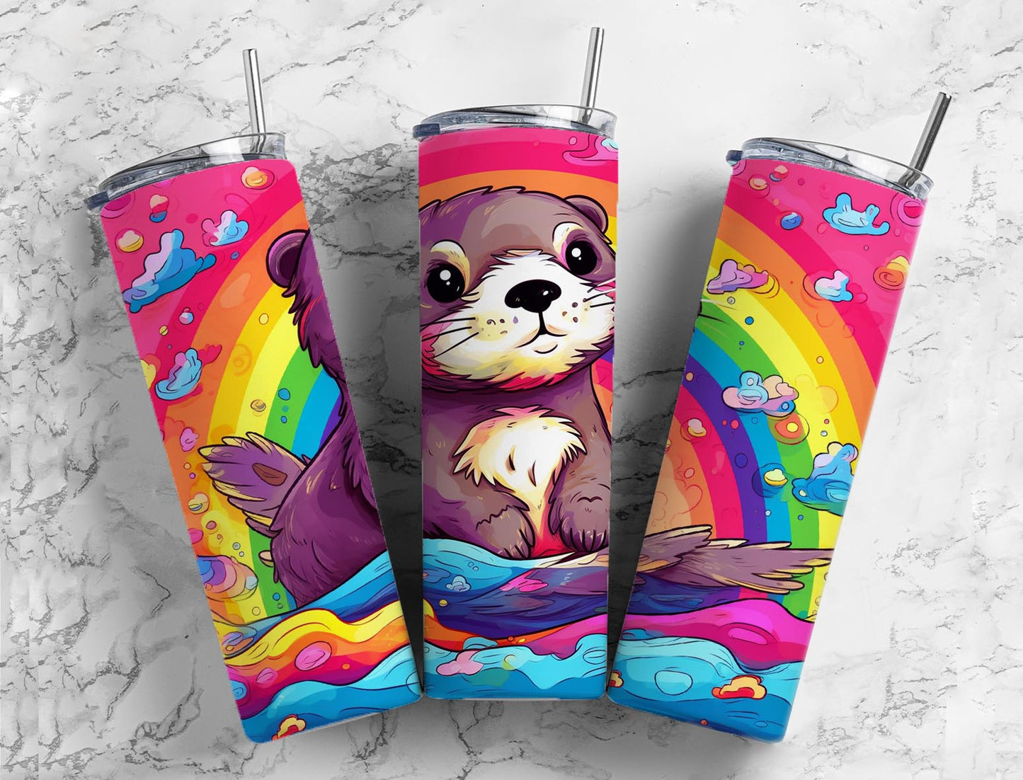 Sea otter ocean 20oz Sublimation Tumbler Designs, Rainbow sky 9.2 x 8.3” Straight Skinny Tumbler Wrap PNG