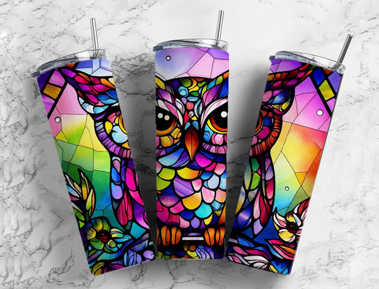 Stained glass mosaic 20oz Sublimation Tumbler Designs, rainbow owl colorful 9.2 x 8.3” Straight Skinny Tumbler Wrap PNG