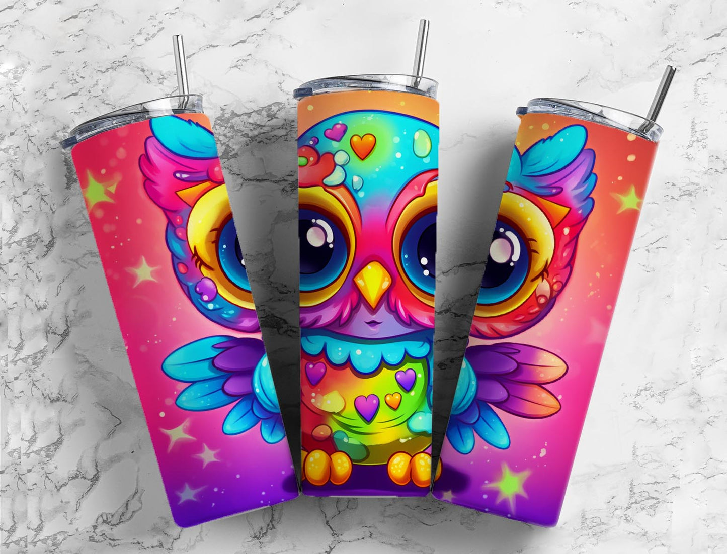 Cartoon baby owl 20oz Sublimation Tumbler Designs, rainbow colorful 9.2 x 8.3” Straight Skinny Tumbler Wrap PNG