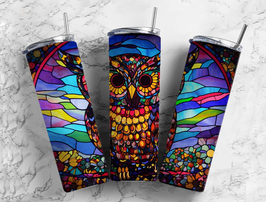 Stained glass mosaic 20oz Sublimation Tumbler Designs, Colorful owl 9.2 x 8.3” Straight Skinny Tumbler Wrap PNG