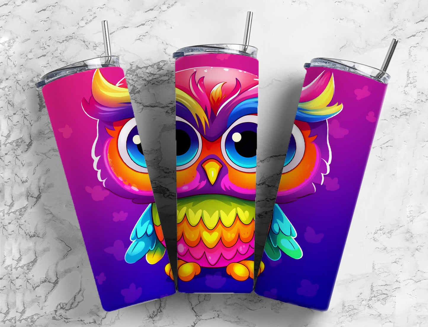 Rainbow cartoon owl 20oz Sublimation Tumbler Designs, Colorful neon 9.2 x 8.3” Straight Skinny Tumbler Wrap PNG