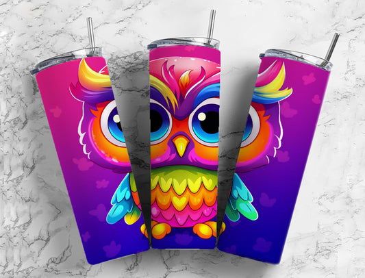 Rainbow cartoon owl 20oz Sublimation Tumbler Designs, Colorful neon 9.2 x 8.3” Straight Skinny Tumbler Wrap PNG