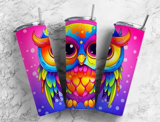 Cartoon owl 20oz Sublimation Tumbler Designs, Rainbow neon 9.2 x 8.3” Straight Skinny Tumbler Wrap PNG