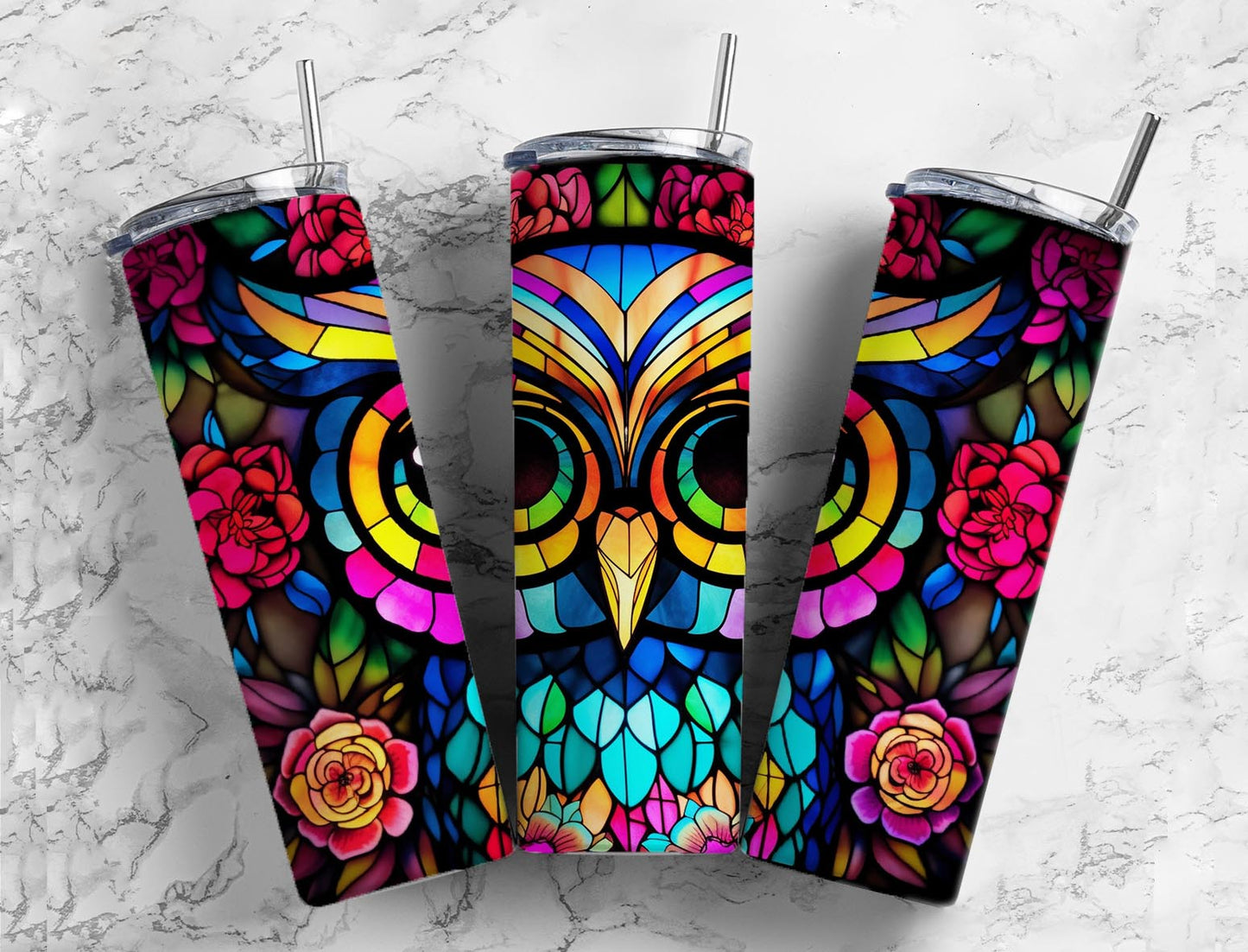 Stained glass owl 20oz Sublimation Tumbler Designs, cartoon colorful 9.2 x 8.3” Straight Skinny Tumbler Wrap PNG