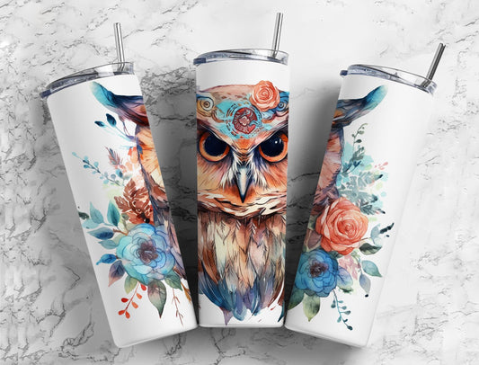 brown owl 20oz Sublimation Tumbler Designs, Watercolor floral 9.2 x 8.3” Straight Skinny Tumbler Wrap PNG (1)