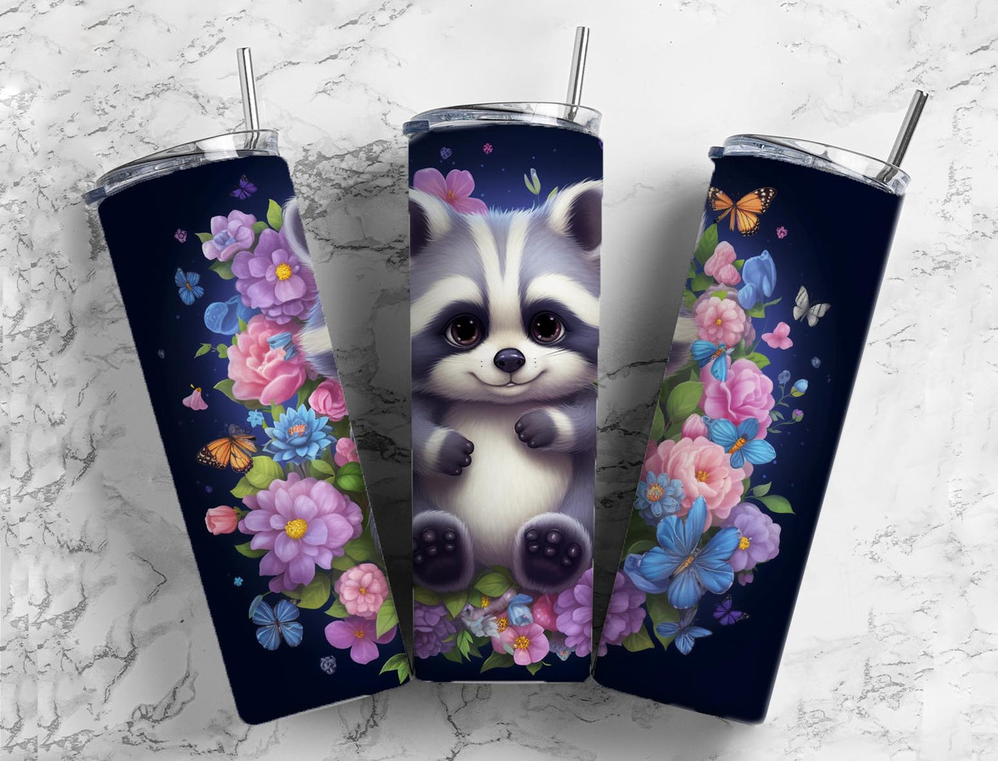 Cartoon raccoon 20oz Sublimation Tumbler Designs, Butterfly floral 9.2 x 8.3” Straight Skinny Tumbler Wrap PNG