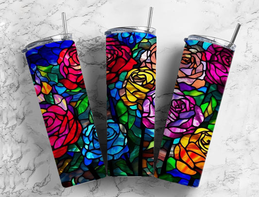 Stained glass roses 20oz Sublimation Tumbler Designs, colorful floral rainbow 9.2 x 8.3” Straight Skinny Tumbler Wrap PNG