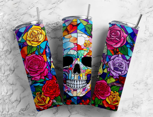 Skull floral 20oz Sublimation Tumbler Designs, rainbow roses 9.2 x 8.3” Straight Skinny Tumbler Wrap PNG