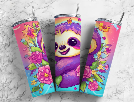 Sloth colorful 20oz Sublimation Tumbler Designs, rose floral 9.2 x 8.3” Straight Skinny Tumbler Wrap PNG