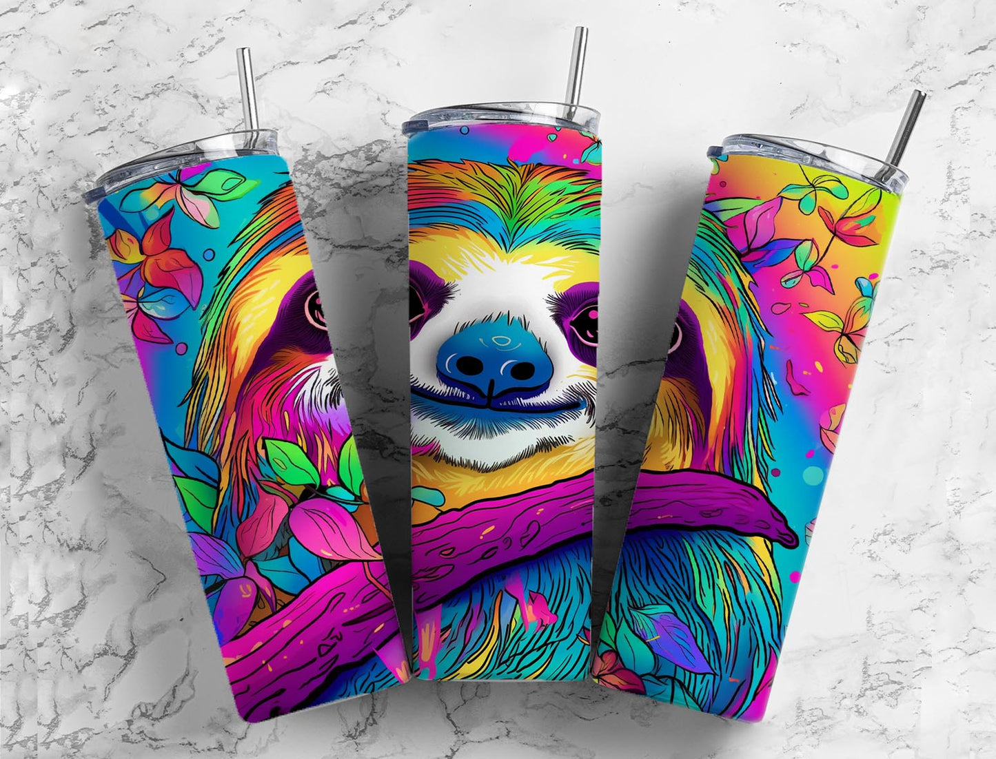 Rainbow sloth 20oz Sublimation Tumbler Designs, colorful neon 9.2 x 8.3” Straight Skinny Tumbler Wrap PNG