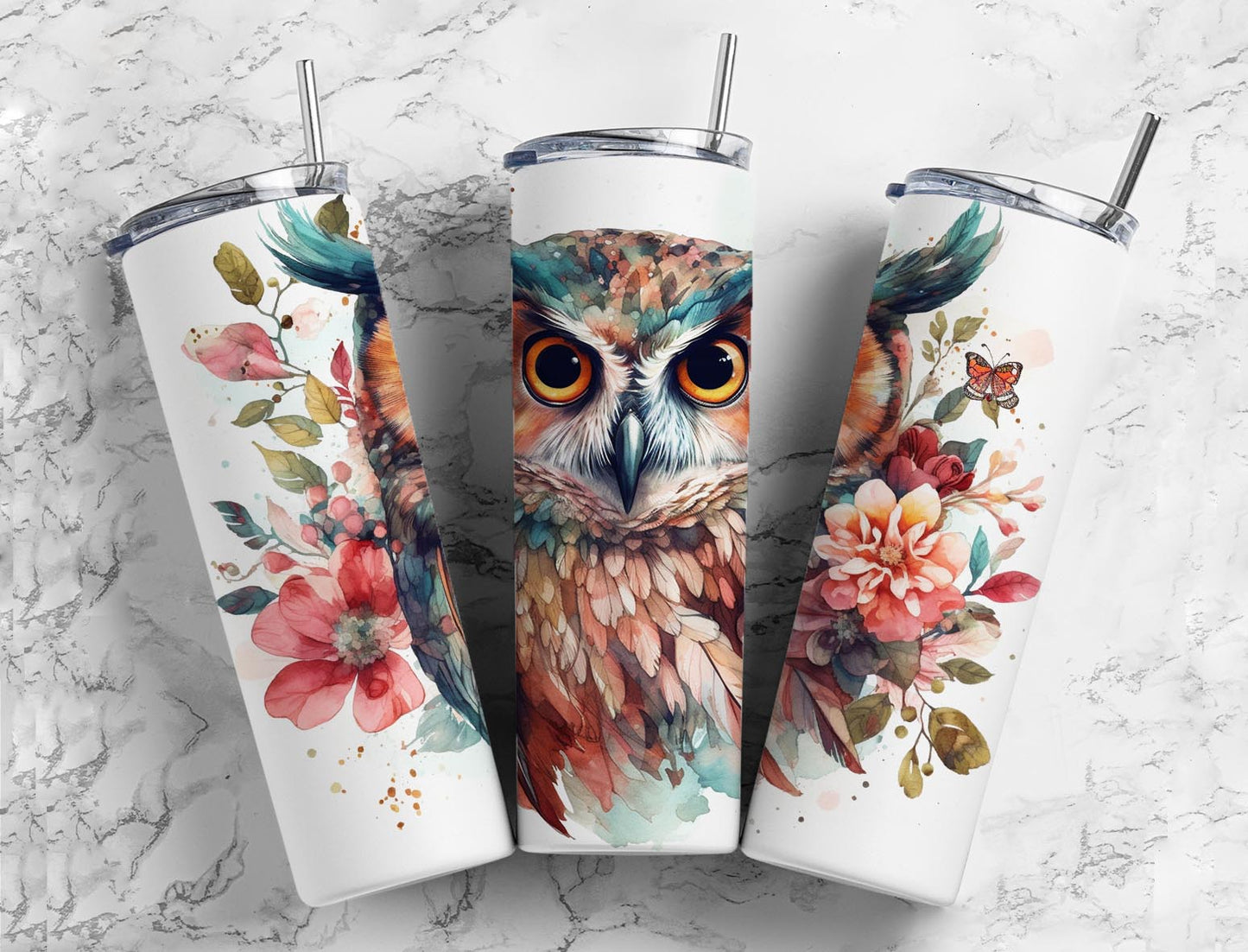 brown owl 20oz Sublimation Tumbler Designs, Watercolor floral 9.2 x 8.3” Straight Skinny Tumbler Wrap PNG