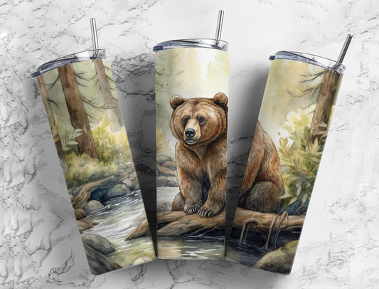 Realistic bear 20oz Sublimation Tumbler Designs, river creek forest 9.2 x 8.3” Straight Skinny Tumbler Wrap PNG