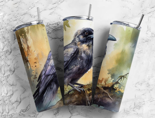 Crow bird 20oz Sublimation Tumbler Designs, forest landscape 9.2 x 8.3” Straight Skinny Tumbler Wrap PNG