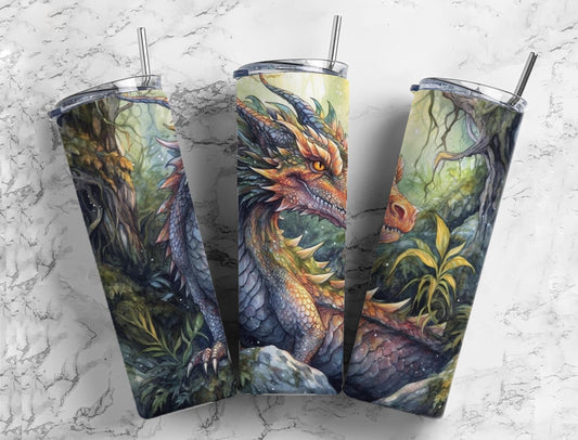 Realistic dragon 20oz Sublimation Tumbler Designs, Forest landscape 9.2 x 8.3” Straight Skinny Tumbler Wrap PNG