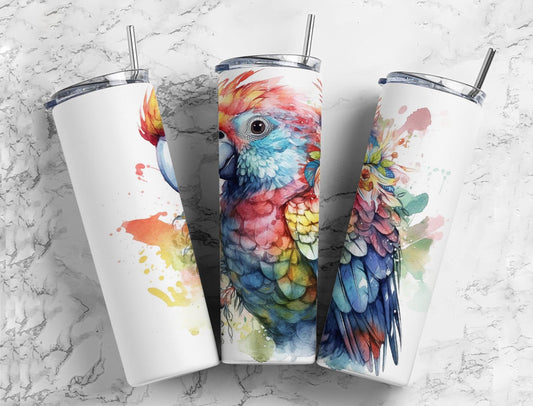 rainbow parrot macaw 20oz Sublimation Tumbler Designs, paint splatter 9.2 x 8.3” Straight Skinny Tumbler Wrap PNG