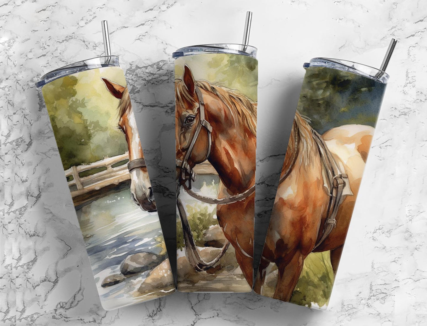 Realistic horse 20oz Sublimation Tumbler Designs, river bridge 9.2 x 8.3” Straight Skinny Tumbler Wrap PNG