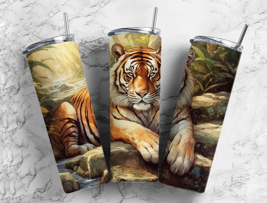 realistic tiger 20oz Sublimation Tumbler Designs, jungle landscape 9.2 x 8.3” Straight Skinny Tumbler Wrap PNG