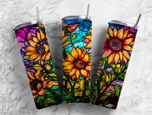 Stained glass 20oz Sublimation Tumbler Designs, Sunflower field 9.2 x 8.3” Straight Skinny Tumbler Wrap PNG